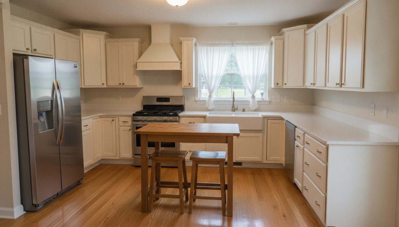 The same kitchen spotless and clean after a cleaning
